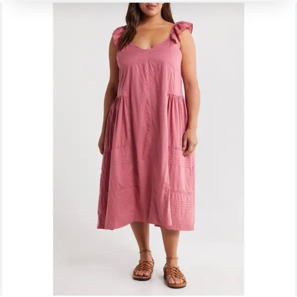 Treasure & Bond Flutter Sleeves Midi Dress in  Pink Mauve Tie Back Plus Size 3X - Picture 3 of 15